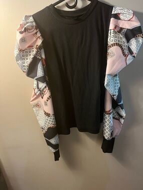 Black Top with Pink Patterned Balloon Sleeves - Women